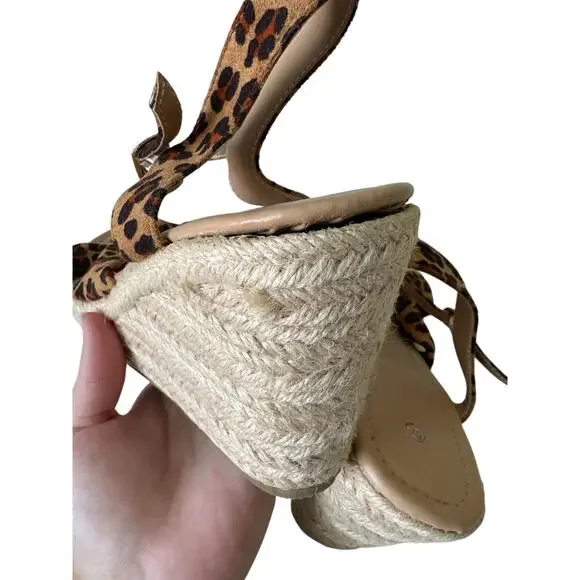 Leopard Print Wedge Sandals Women’s 8.5 Espadrille Platform Bow Strappy Shoes - Picture 9 of 10